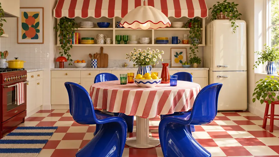 Kitchen with a checkerboard floor and striped awning shelves