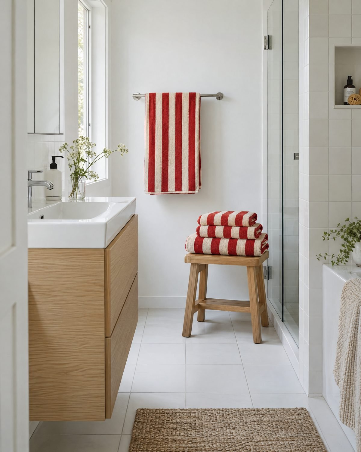 A small white bathroom where a stack of red and cream striped towels on an oak stool is the only bold colour