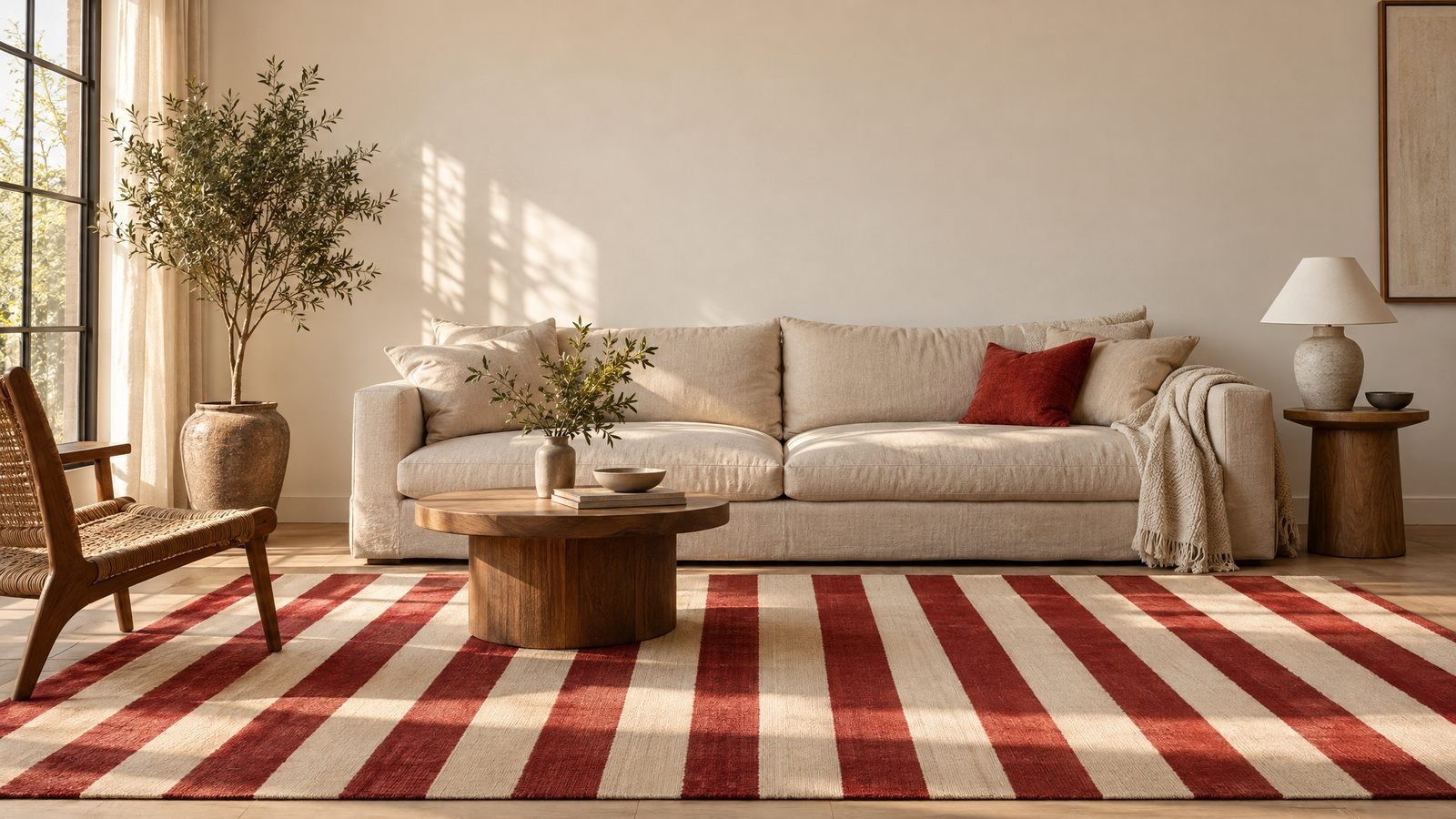 A calm cream living room with a linen sofa, one red cushion and a wide red and cream striped rug as its single bold move